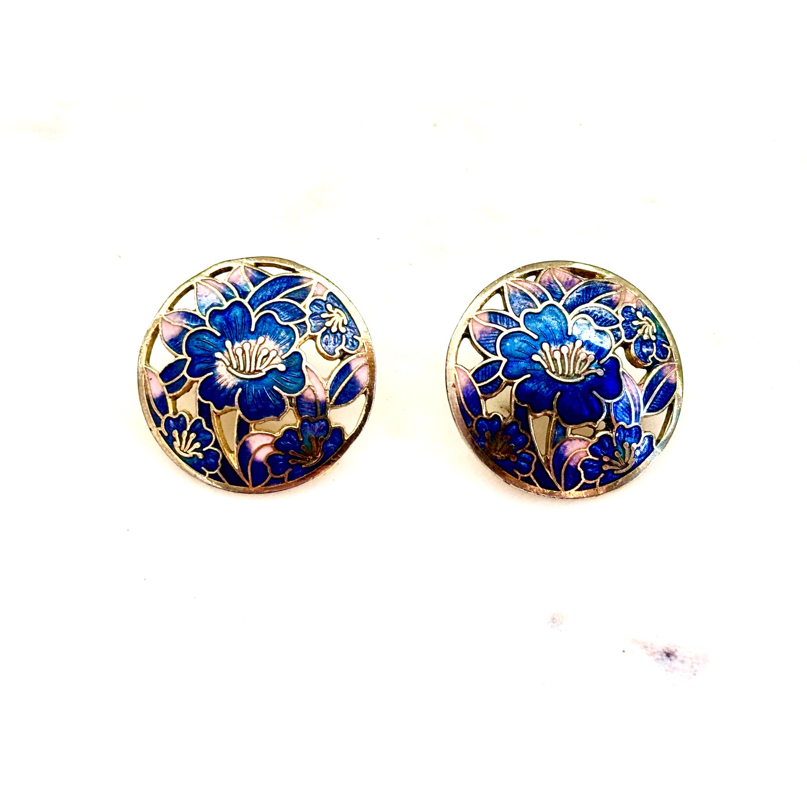 Gold Tone Blue Floral Enamel Cloisonn Post Earrings